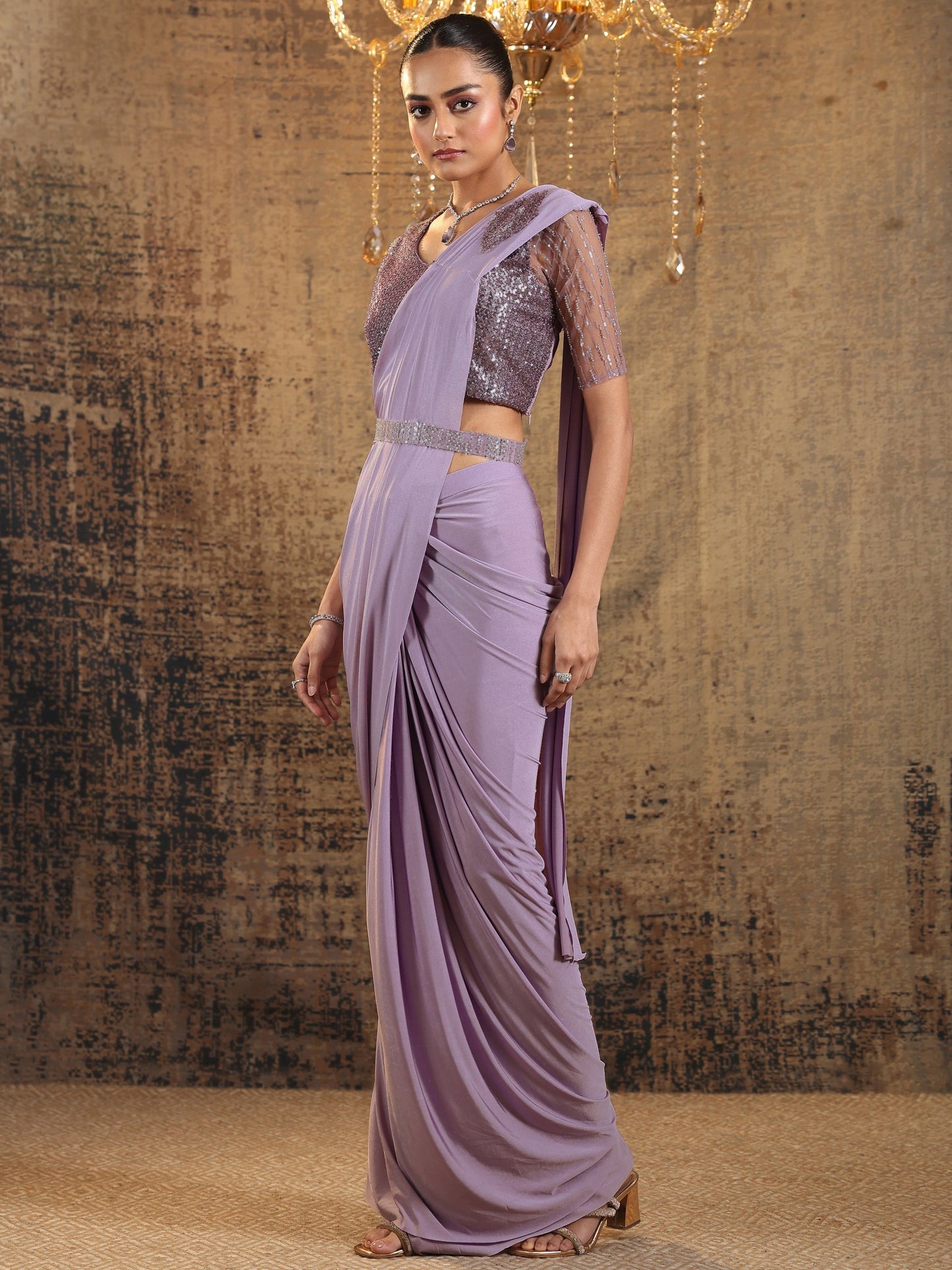Libas Art Lavender Solid Nylon Ready to Wear Saree