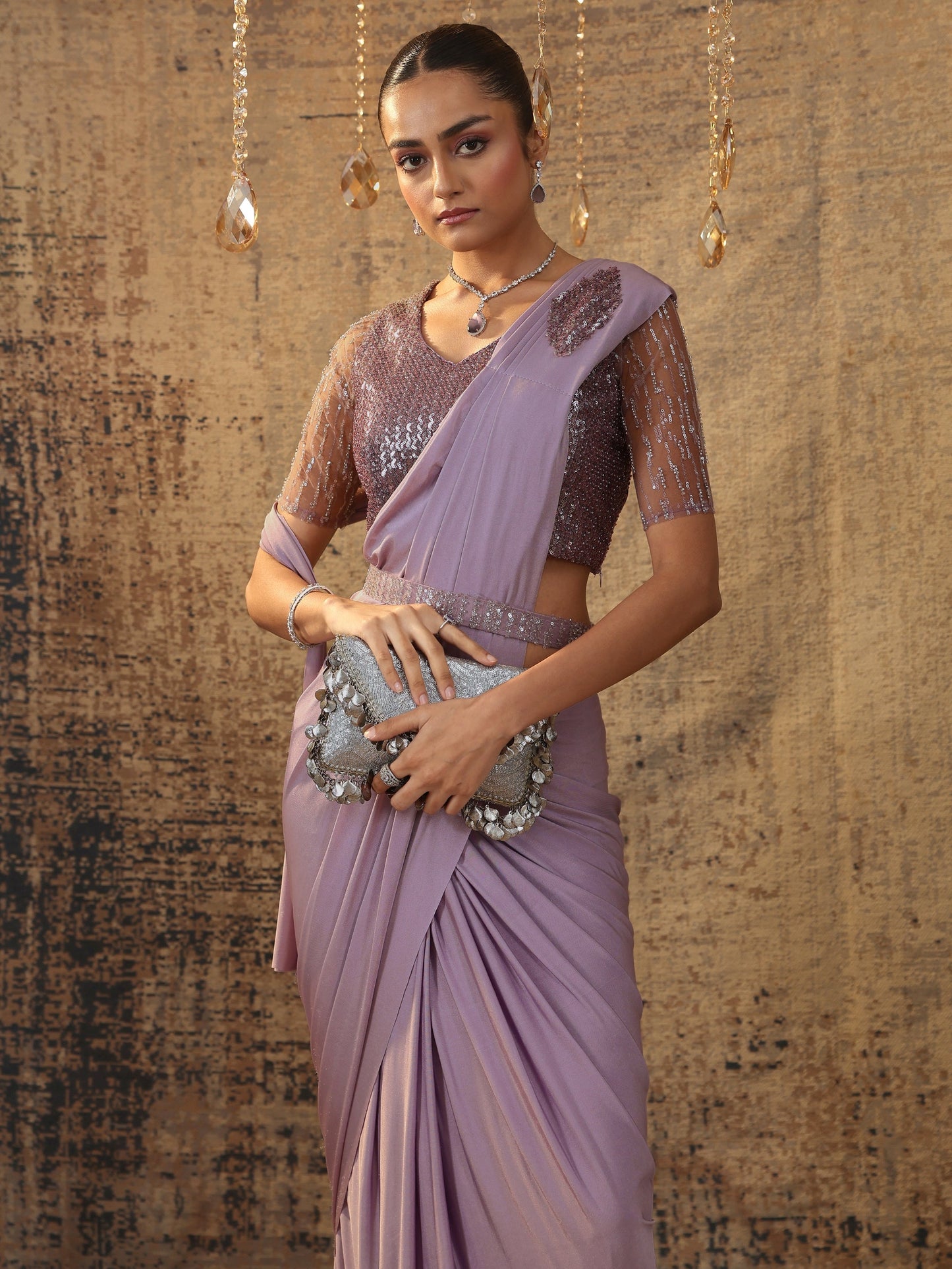 Libas Art Lavender Solid Nylon Ready to Wear Saree