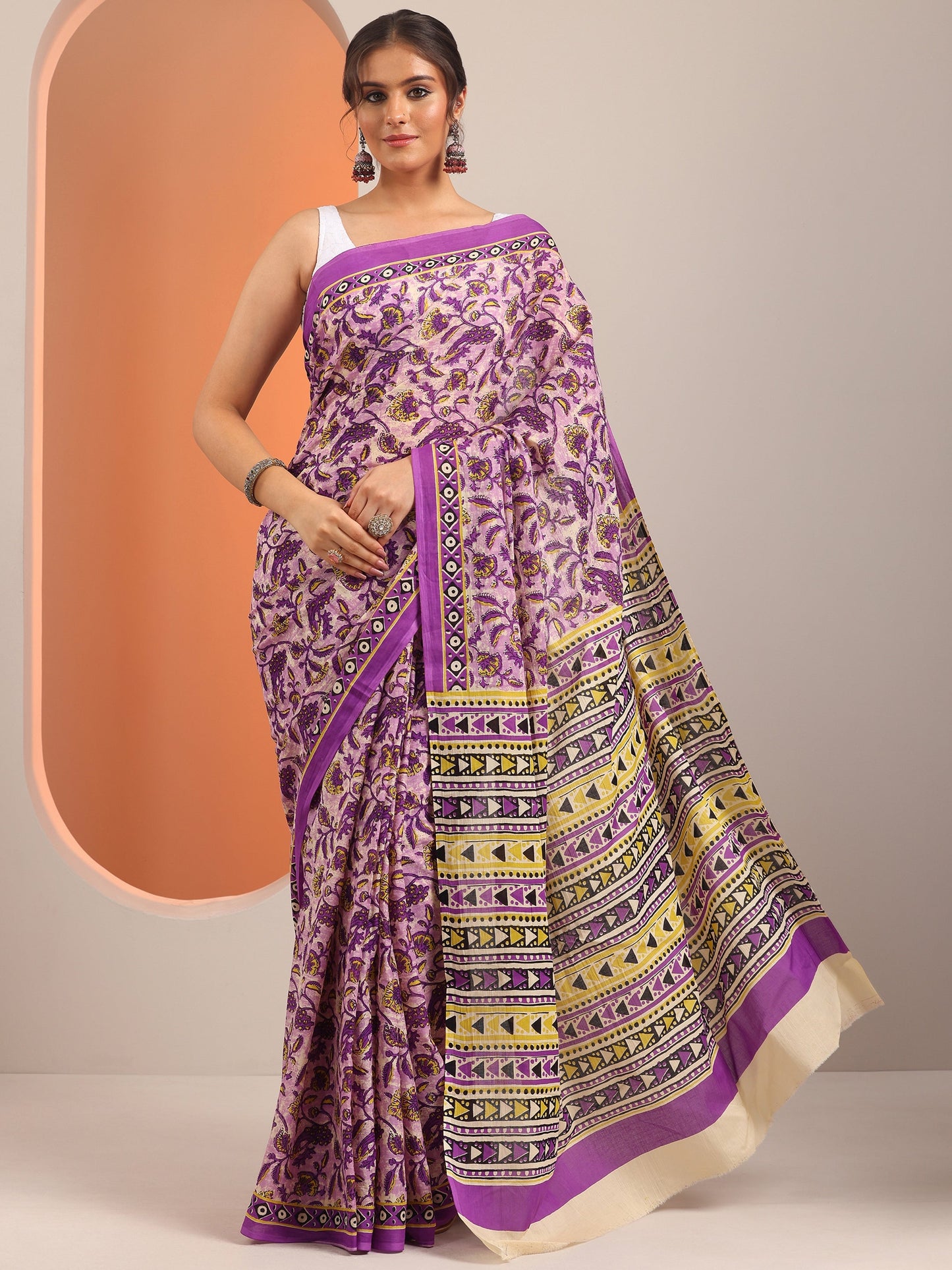 Purple Printed Cotton Saree With Unstitched Blouse Piece