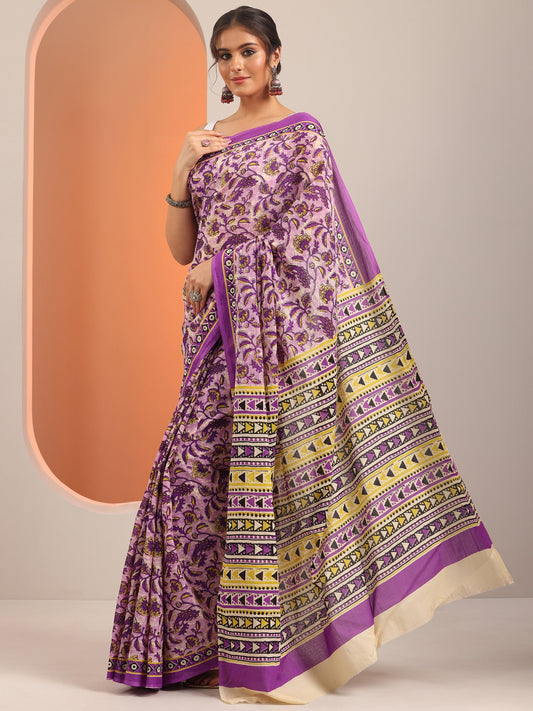 Purple Printed Cotton Saree With Unstitched Blouse Piece