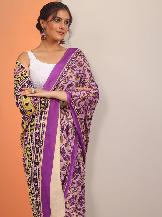 Purple Printed Cotton Saree With Unstitched Blouse Piece