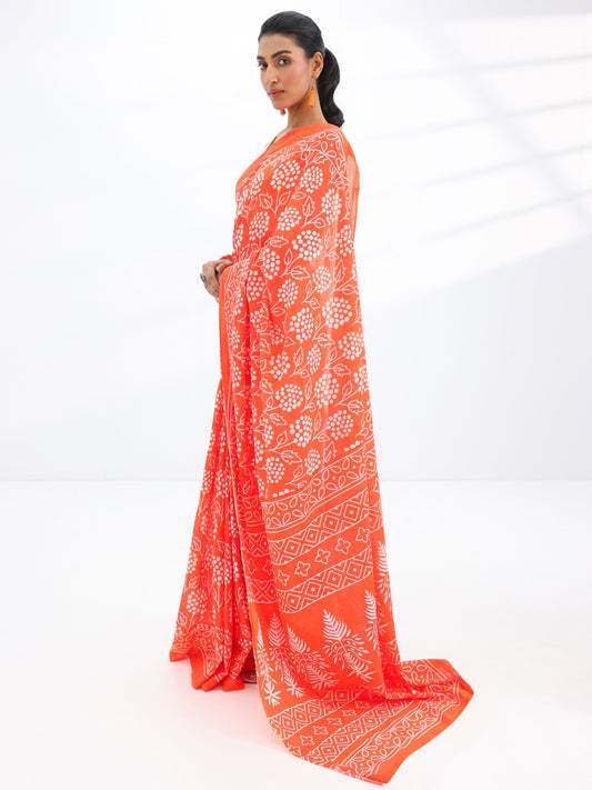 Orange Printed Cotton Saree With Unstitched Blouse Piece