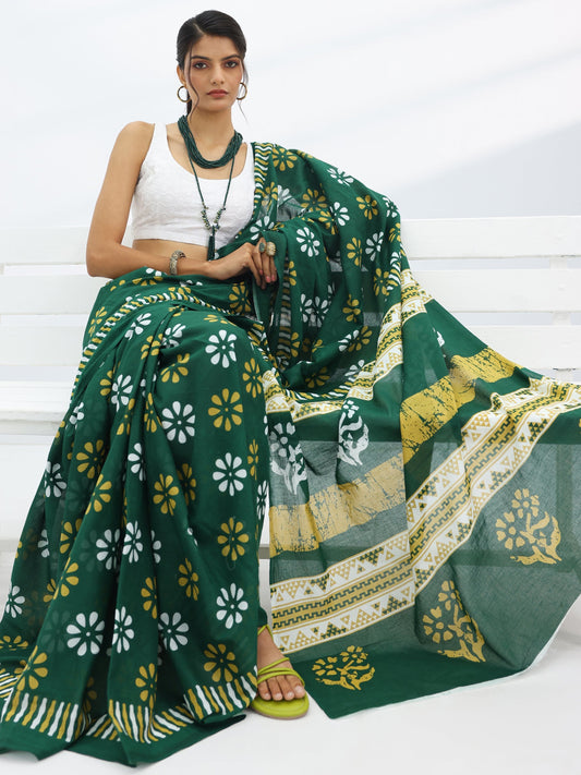 Green Printed Cotton Saree With Unstitched Blouse Piece