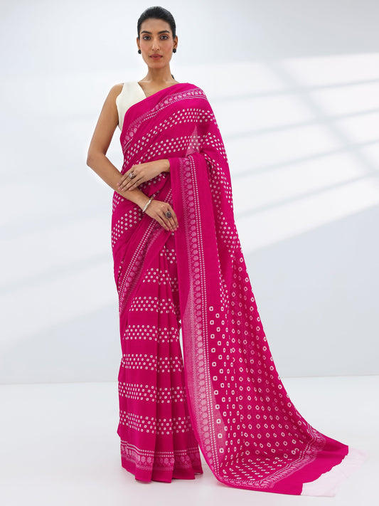 Pink Printed Cotton Saree With Unstitched Blouse Piece
