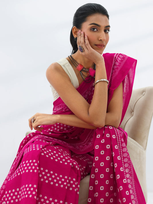 Pink Printed Cotton Saree With Unstitched Blouse Piece