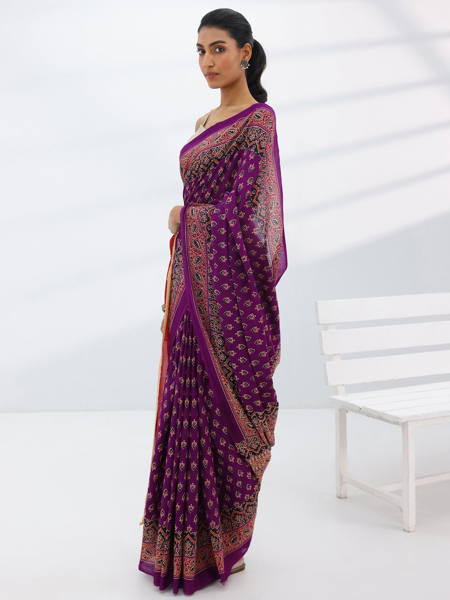 Burgundy Printed Cotton Saree With Unstitched Blouse Piece