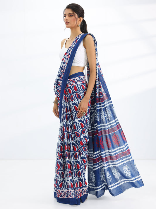 Navy Blue Printed Cotton Saree With Unstitched Blouse Piece