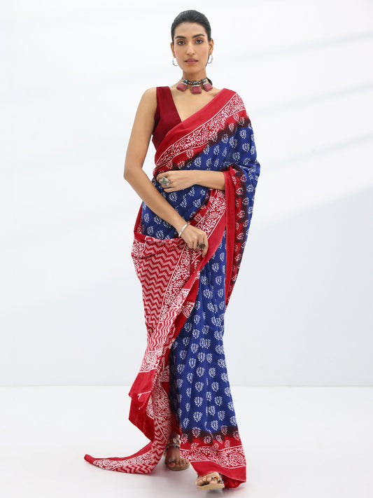 Navy Blue Printed Cotton Saree With Unstitched Blouse Piece