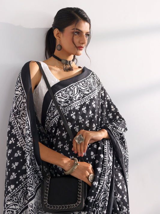 Black Printed Cotton Saree With Unstitched Blouse Piece