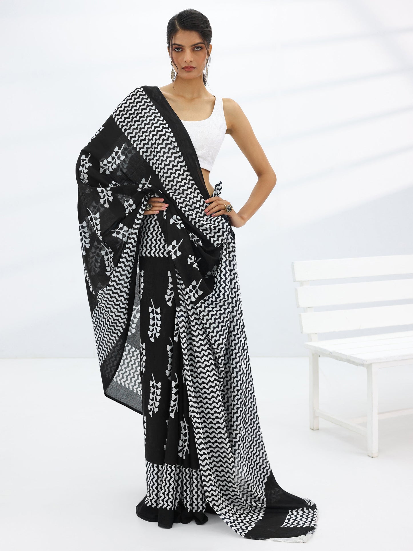 Black Printed Cotton Saree With Unstitched Blouse Piece