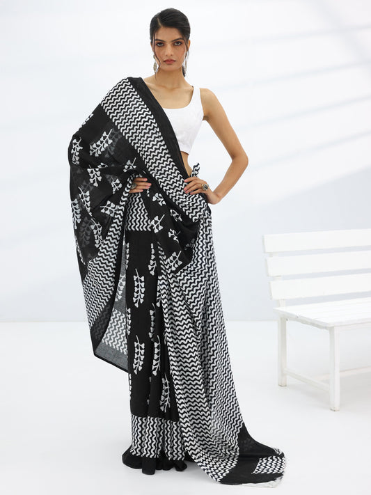 Black Printed Cotton Saree With Unstitched Blouse Piece