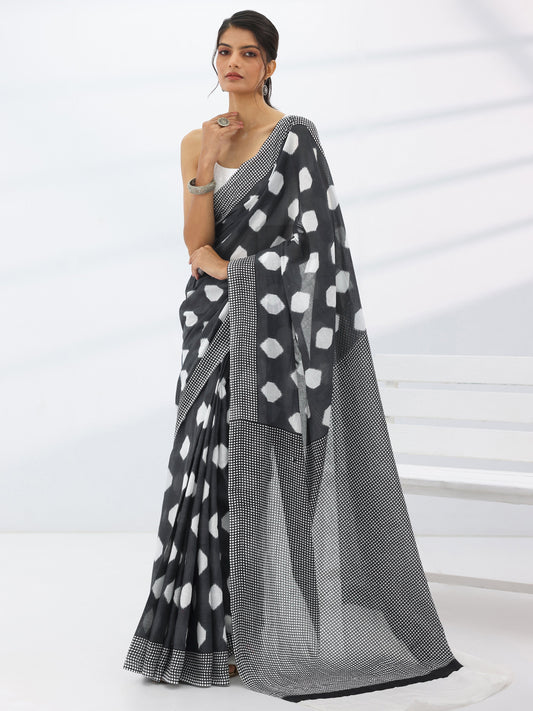 Black Printed Cotton Saree With Unstitched Blouse Piece