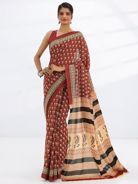 Rust Solid Cotton Saree With Unstitched Blouse Piece