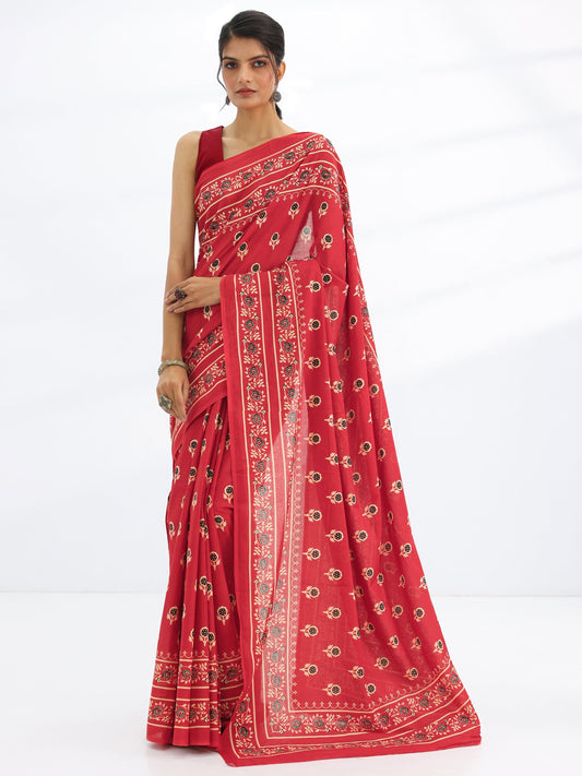 Red Solid Cotton Saree With Unstitched Blouse Piece