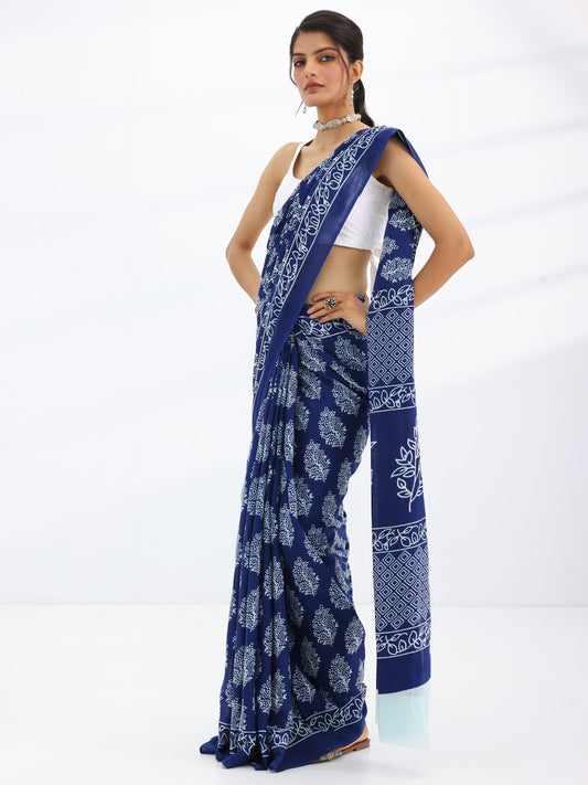 Blue Solid Cotton Saree With Unstitched Blouse Piece