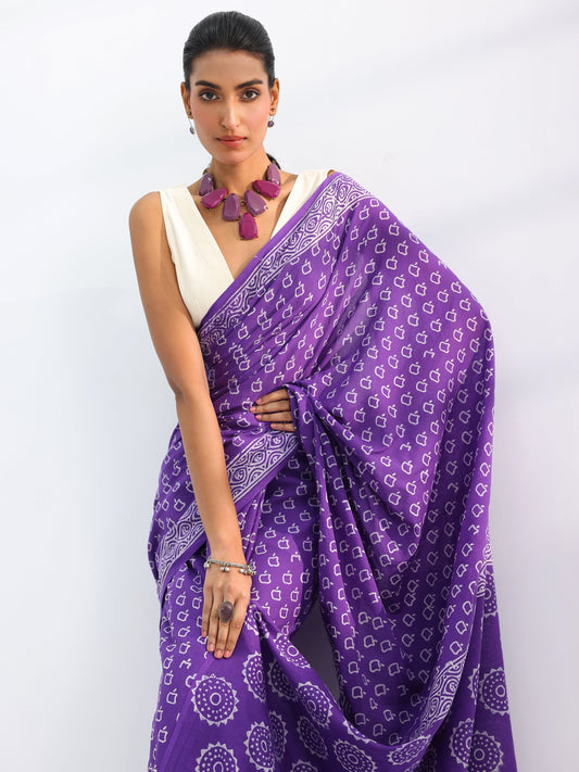Purple Embellished Cotton Saree With Unstitched Blouse Piece