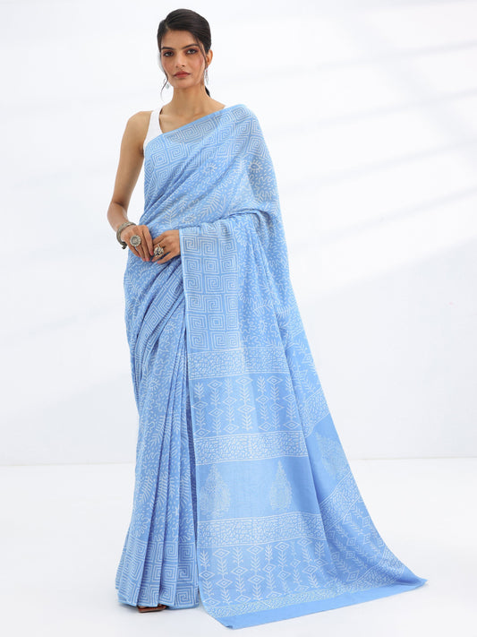 Blue Printed Cotton Saree With Unstitched Blouse Piece