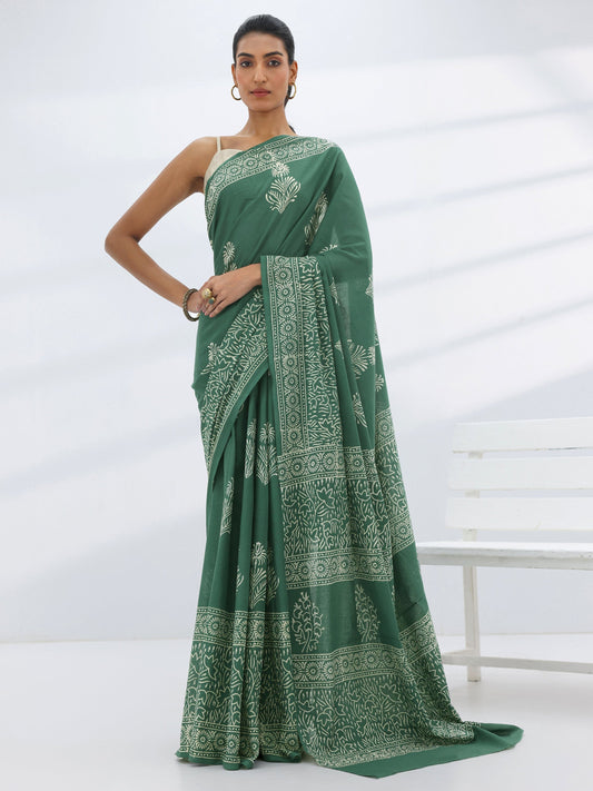 Green Printed Cotton Saree With Unstitched Blouse Piece