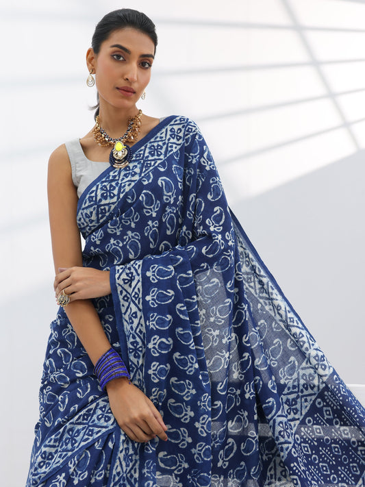 Blue Printed Cotton Saree With Unstitched Blouse Piece