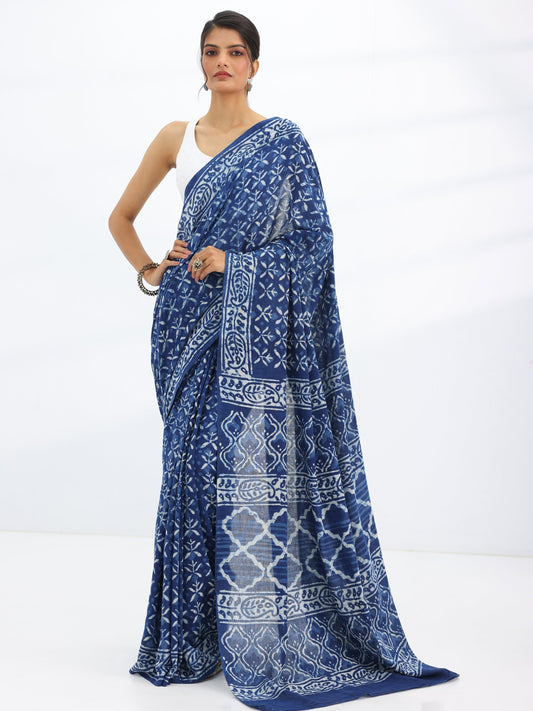 Blue Printed Cotton Saree With Unstitched Blouse Piece