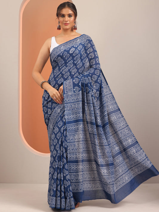 Blue Printed Cotton Saree With Unstitched Blouse Piece