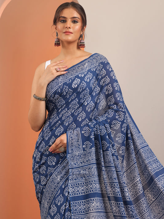 Blue Printed Cotton Saree With Unstitched Blouse Piece