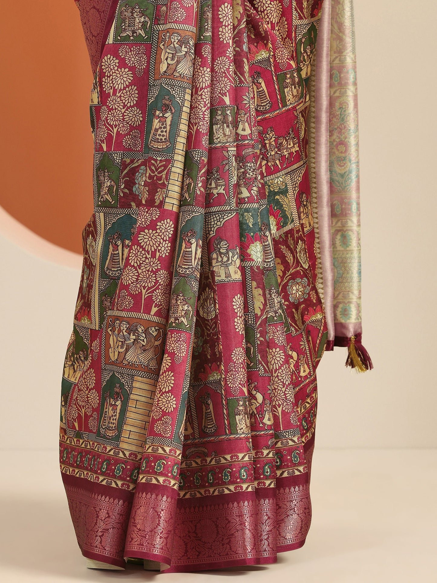 Multi Printed Silk Blend Saree With Unstitched Blouse Piece