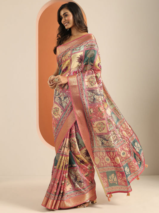 Peach Printed Silk Blend Saree With Unstitched Blouse Piece