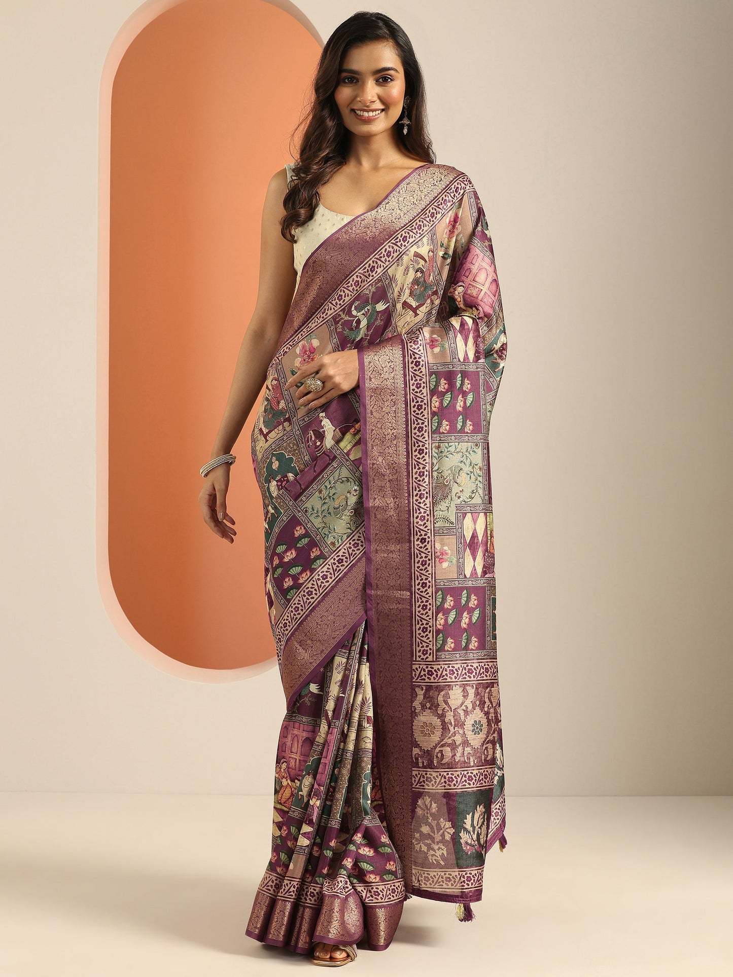Mauve Printed Silk Blend Saree With Unstitched Blouse Piece