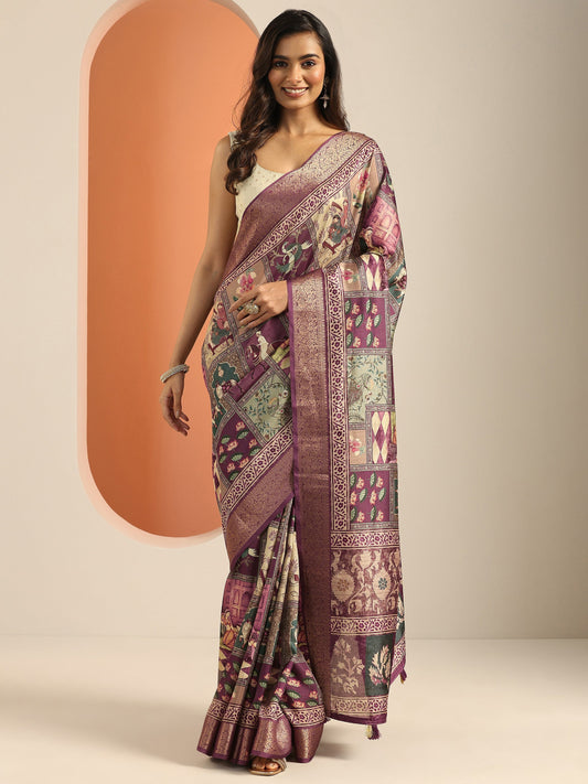 Mauve Printed Silk Blend Saree With Unstitched Blouse Piece