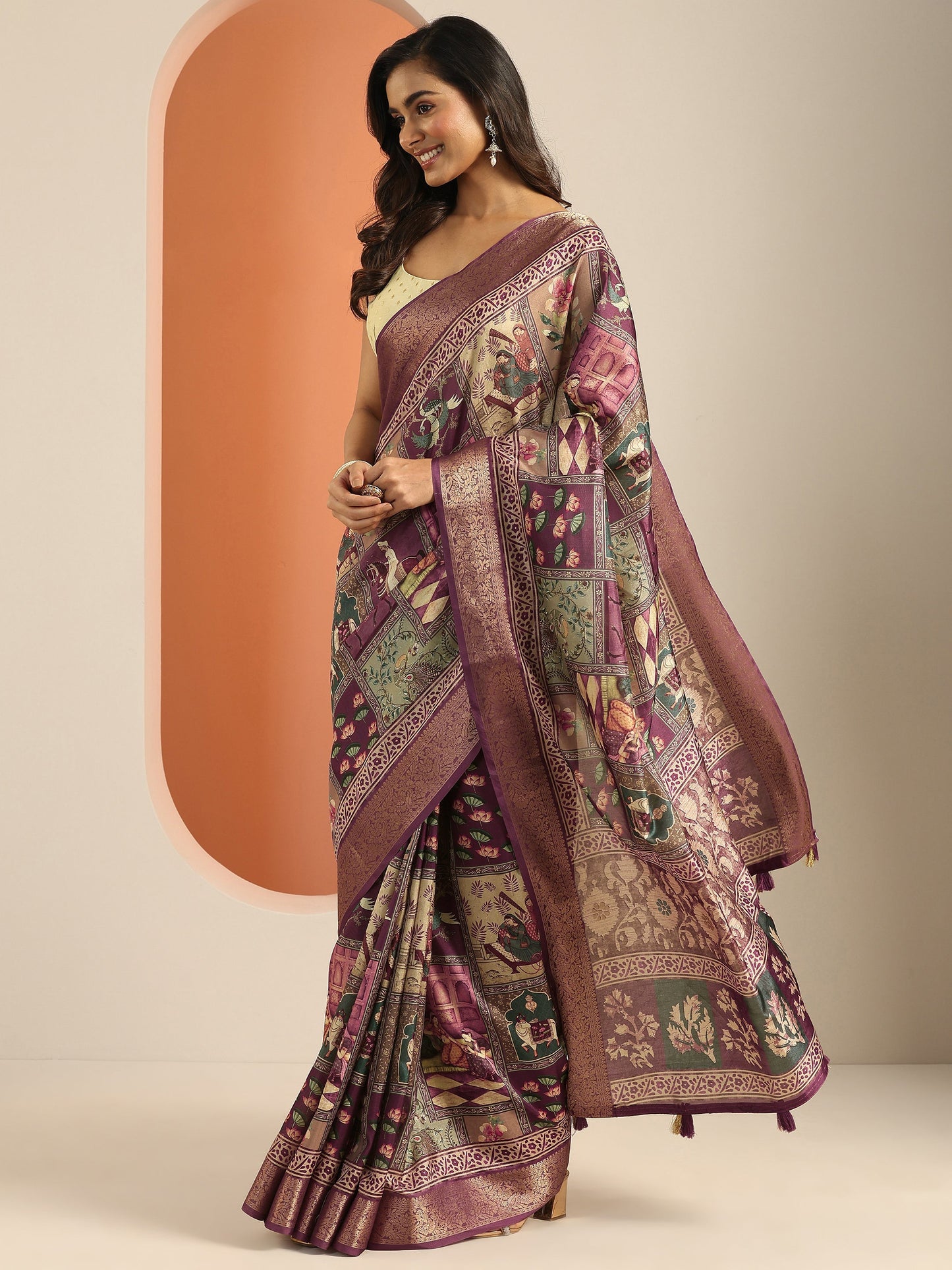 Mauve Printed Silk Blend Saree With Unstitched Blouse Piece