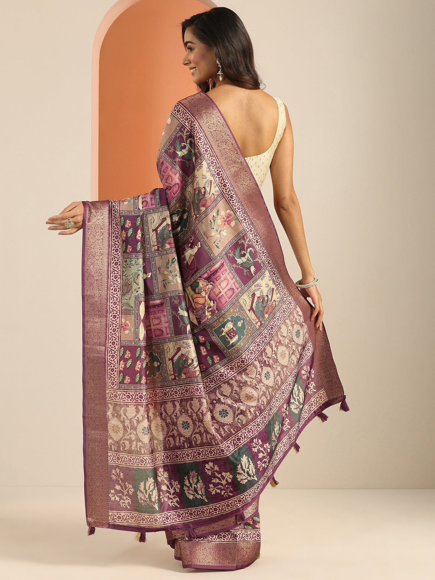 Mauve Printed Silk Blend Saree With Unstitched Blouse Piece