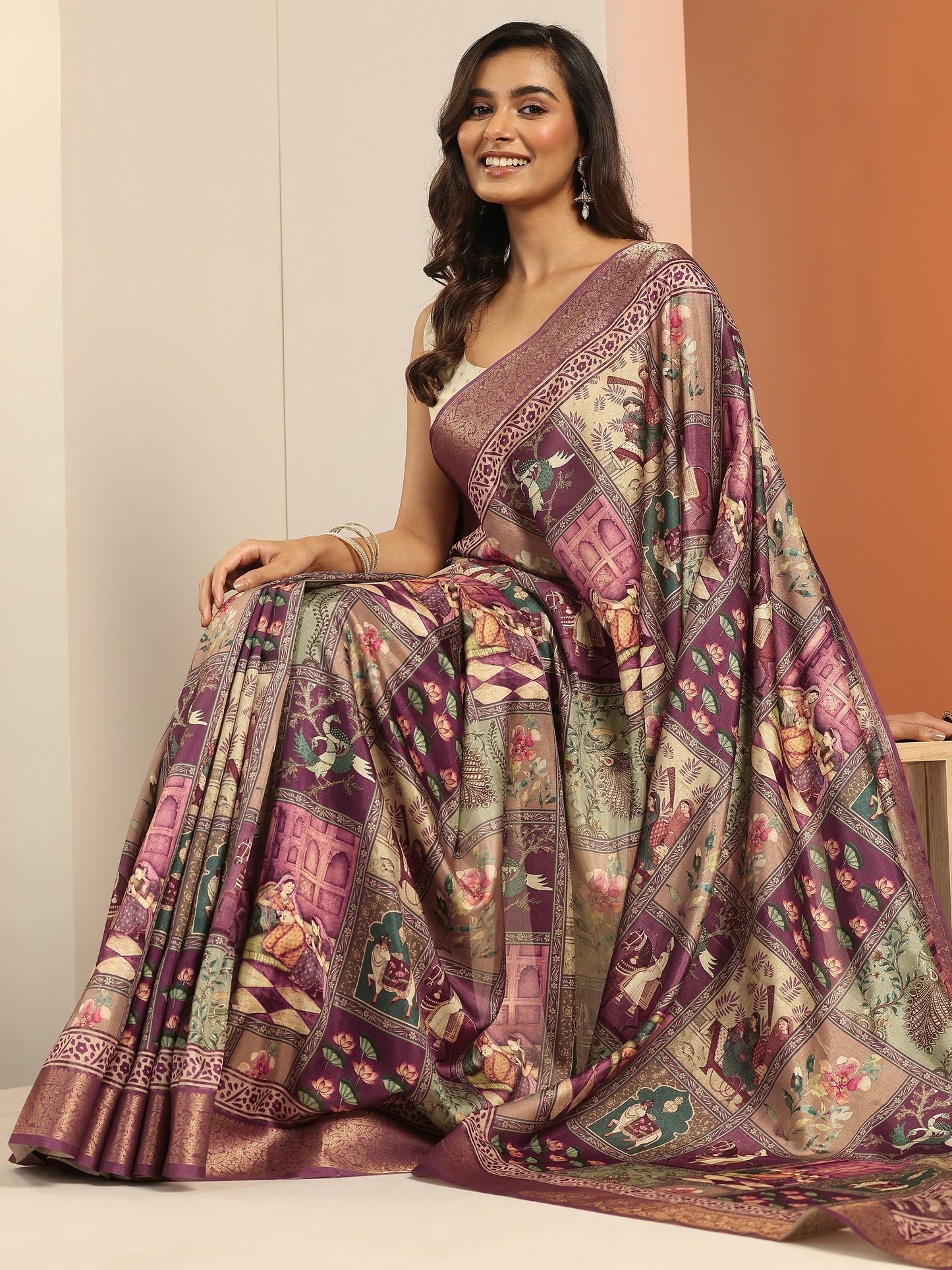 Mauve Printed Silk Blend Saree With Unstitched Blouse Piece