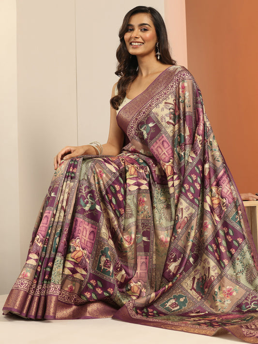 Mauve Printed Silk Blend Saree With Unstitched Blouse Piece