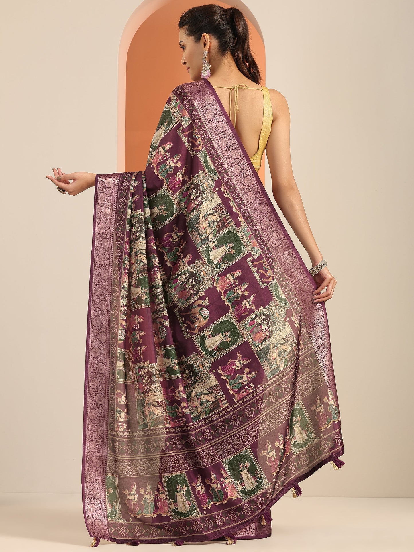 Burgundy Kalamkari Printed Silk Blend Saree With Unstitched Blouse Piece