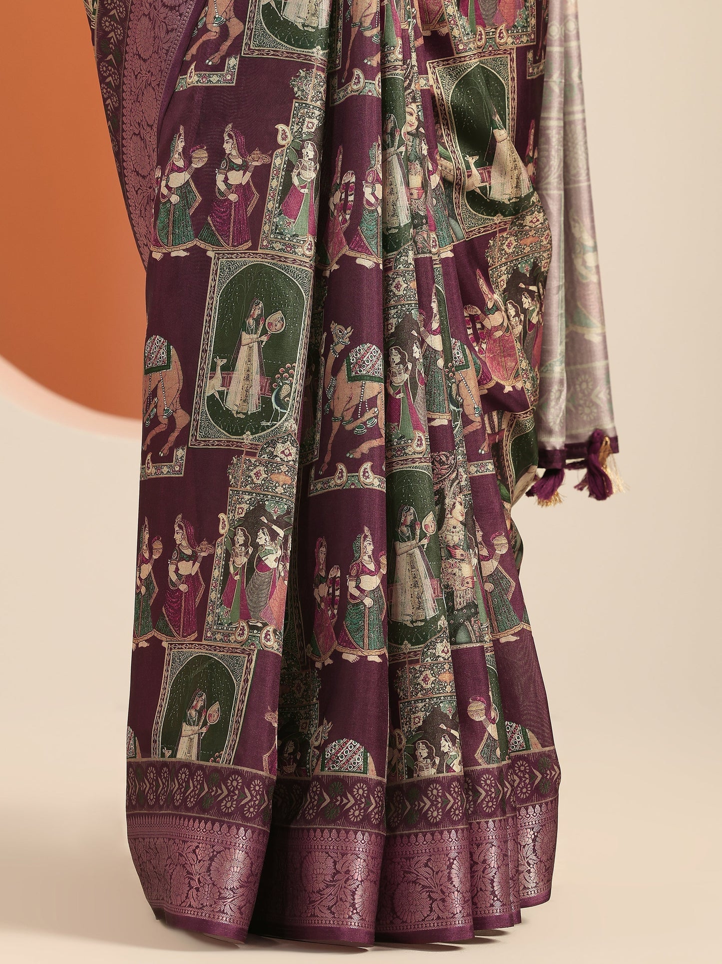 Burgundy Kalamkari Printed Silk Blend Saree With Unstitched Blouse Piece