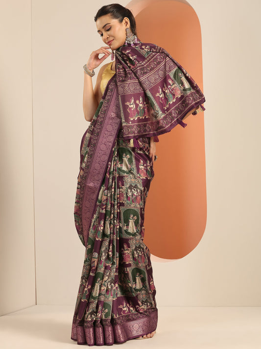 Burgundy Kalamkari Printed Silk Blend Saree With Unstitched Blouse Piece