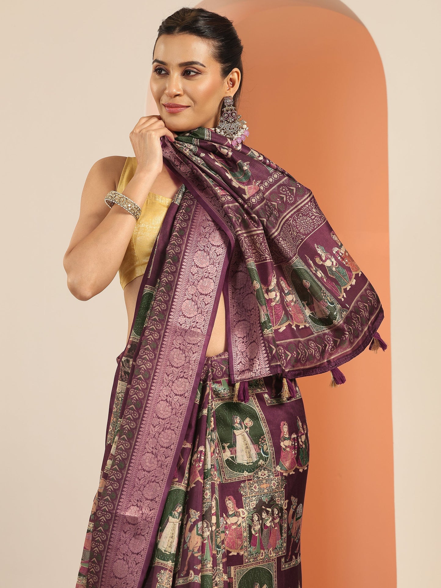 Burgundy Printed Silk Blend Saree With Unstitched Blouse Piece