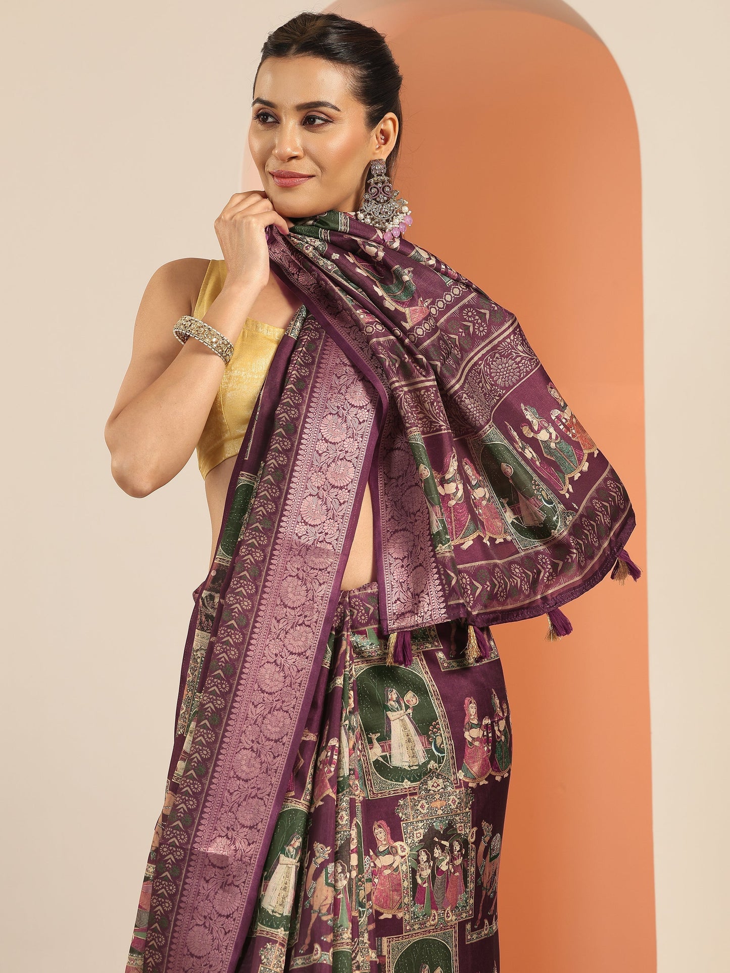Burgundy Kalamkari Printed Silk Blend Saree With Unstitched Blouse Piece