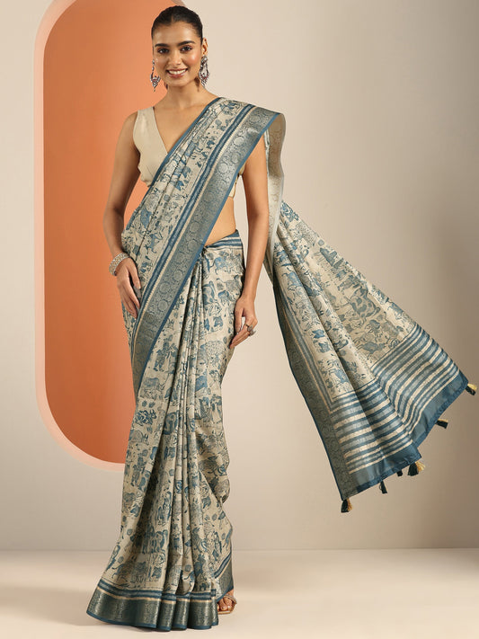 Blue Kalamkari Printed Silk Blend Saree With Unstitched Blouse Piece
