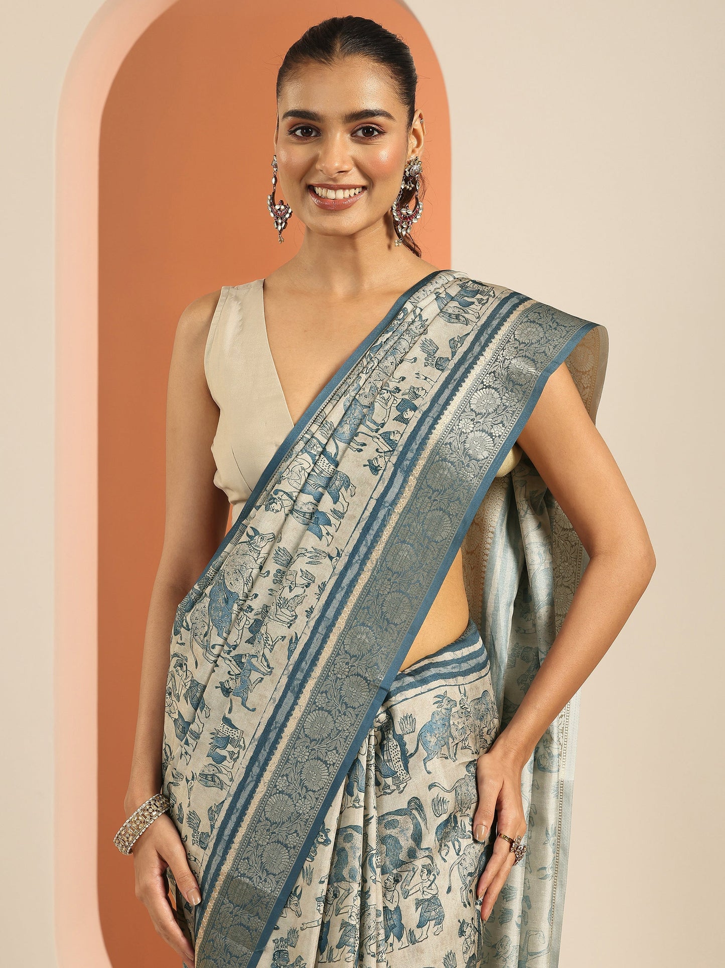 Blue Kalamkari Printed Silk Blend Saree With Unstitched Blouse Piece