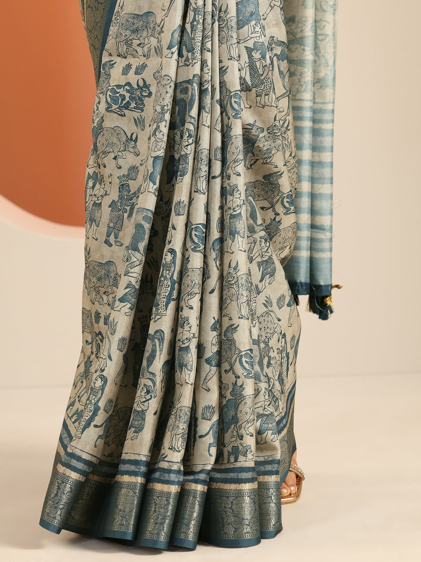 Blue Kalamkari Printed Silk Blend Saree With Unstitched Blouse Piece