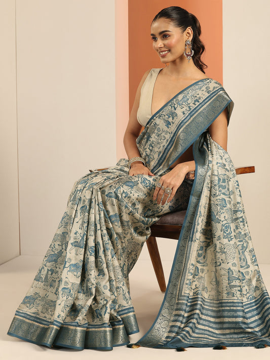Blue Kalamkari Printed Silk Blend Saree With Unstitched Blouse Piece