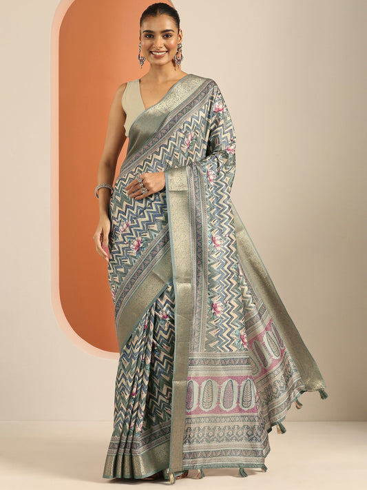 Blue Printed Silk Blend Saree With Unstitched Blouse Piece