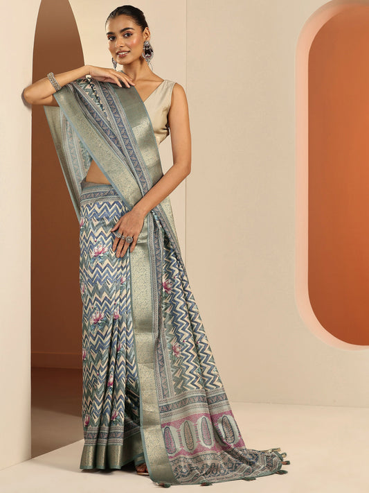 Blue Printed Silk Blend Saree With Unstitched Blouse Piece