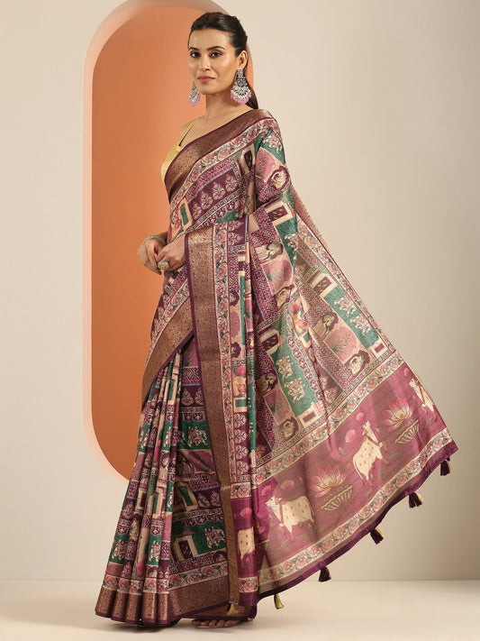 Burgundy Printed Silk Blend Saree With Unstitched Blouse Piece