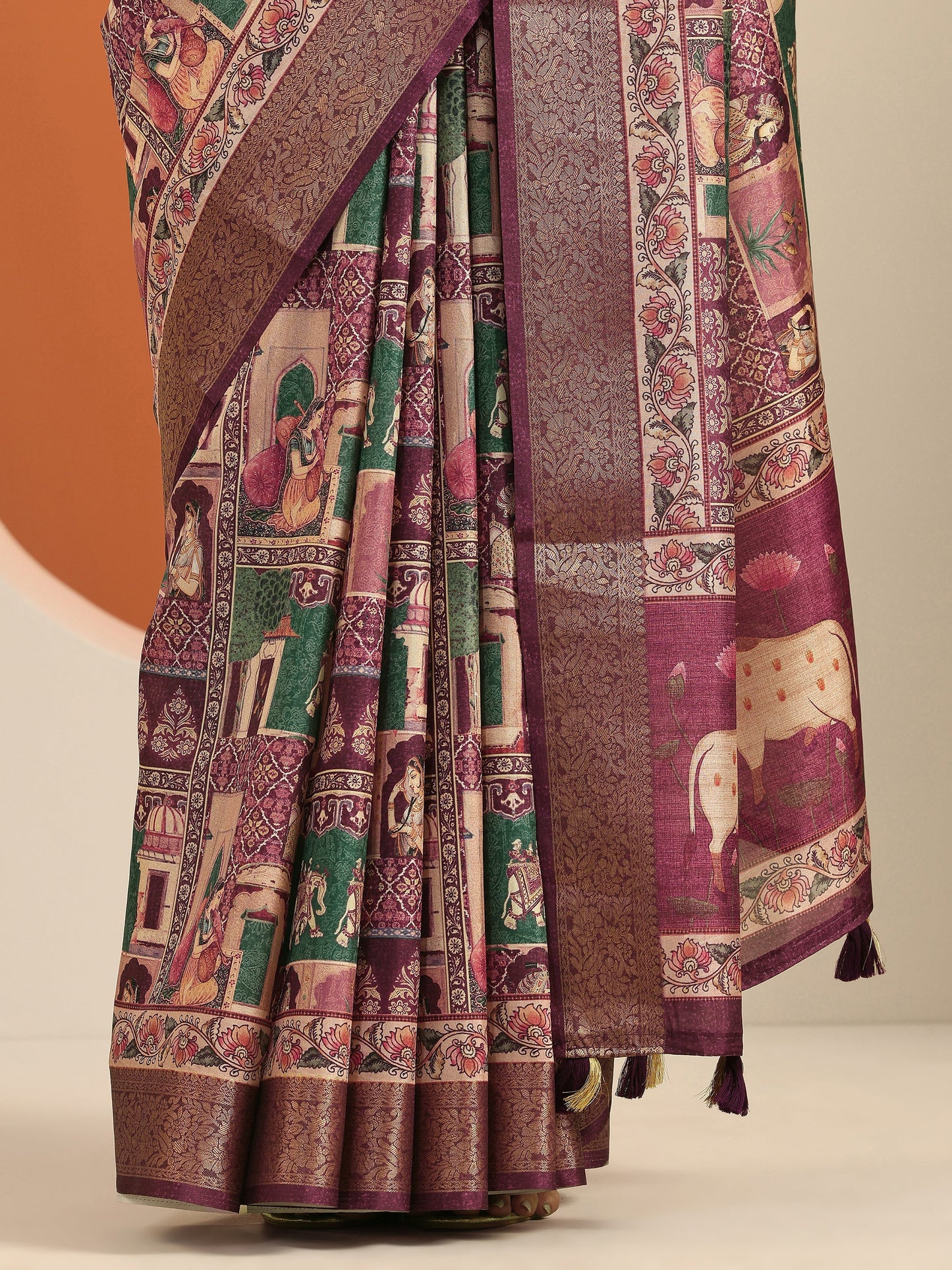 Burgundy Printed Silk Blend Saree With Unstitched Blouse Piece