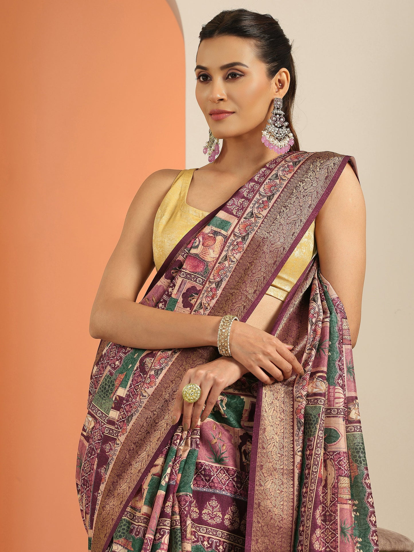 Burgundy Printed Silk Blend Saree With Unstitched Blouse Piece