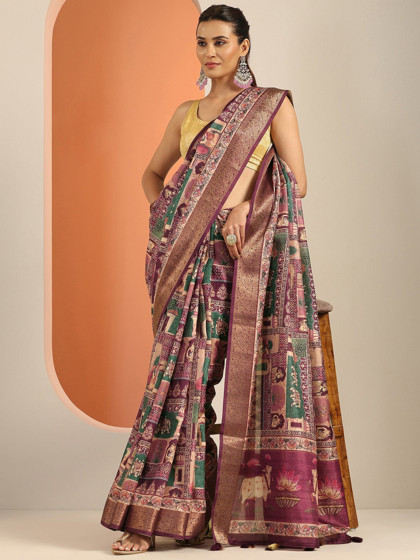 Burgundy Printed Silk Blend Saree With Unstitched Blouse Piece