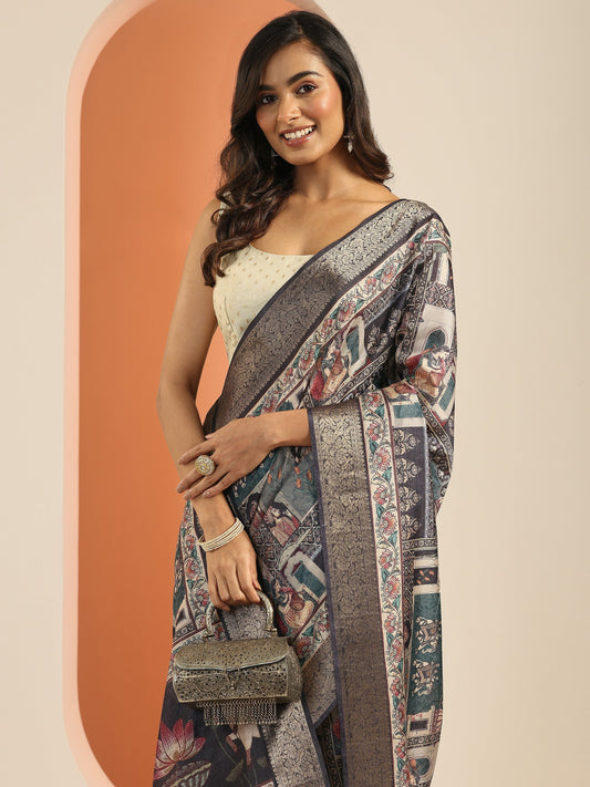 Multi Printed Silk Blend Saree With Unstitched Blouse Piece